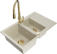Mexen Gaspar évier en granit 1,5 cuves avec égouttoir et robinet de cuisine Savita, beige - 6507-69-672601-50