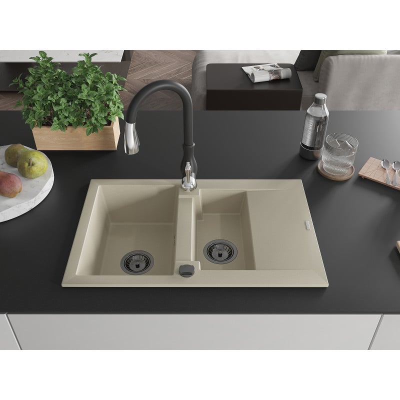 Mexen Gaspar évier en granit 1,5 bac avec égouttoir et robinet de cuisine Savita, beige - 6507-69-672601-70