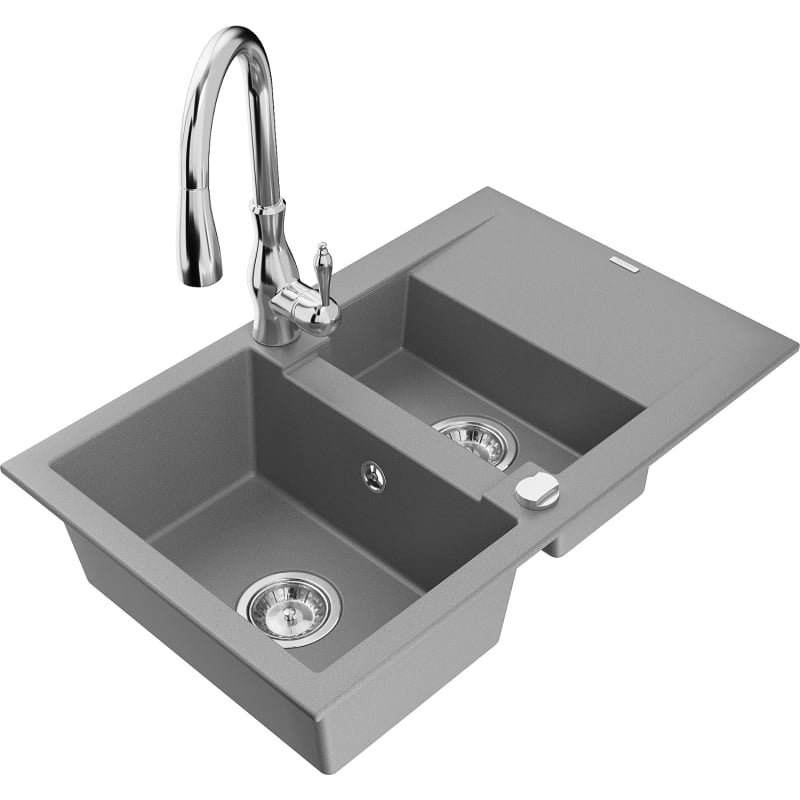 Mexen Gaspar évier granit 1,5 bac avec égouttoir et robinet de cuisine Savita, gris - 6507-71-672601-00