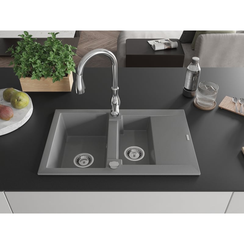 Mexen Gaspar évier granit 1,5 bac avec égouttoir et robinet de cuisine Savita, gris - 6507-71-672601-00