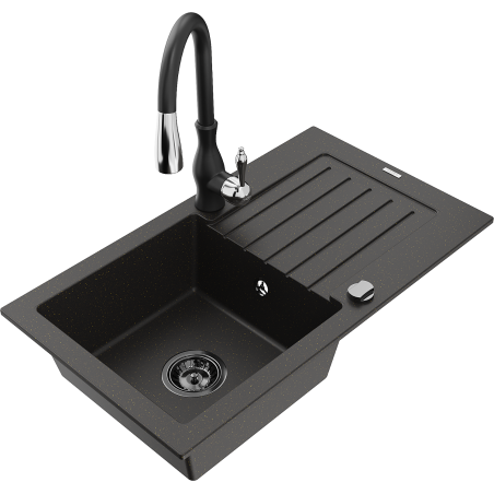 Mexen Pablo évier en granit à 1 bac avec égouttoir et robinet de cuisine Savita, noir/métallique doré - 6510-75-672601-70-B