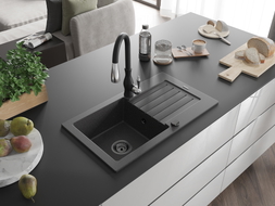 Mexen Pablo évier de cuisine en granit à 1 bac avec égouttoir et robinet de cuisine Savita, noir moucheté - 6510-76-672601-70-B