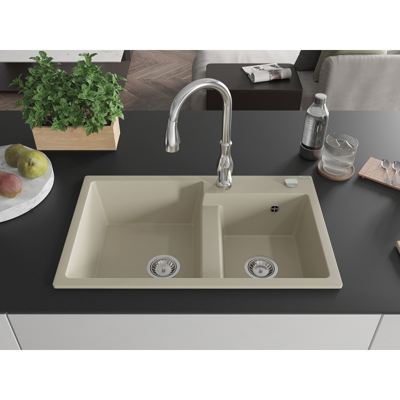 Mexen Tomas évier en granit 2 bacs avec robinet de cuisine Savita, beige - 6516-69-672601-00