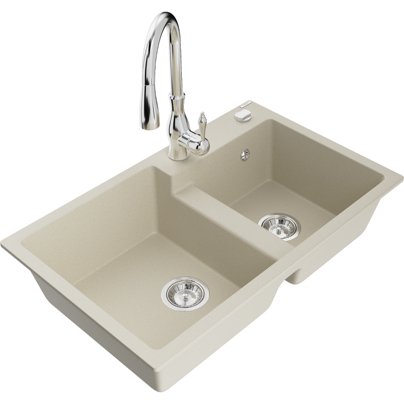 Mexen Tomas évier en granit 2 bacs avec robinet de cuisine Savita, beige - 6516-69-672601-00