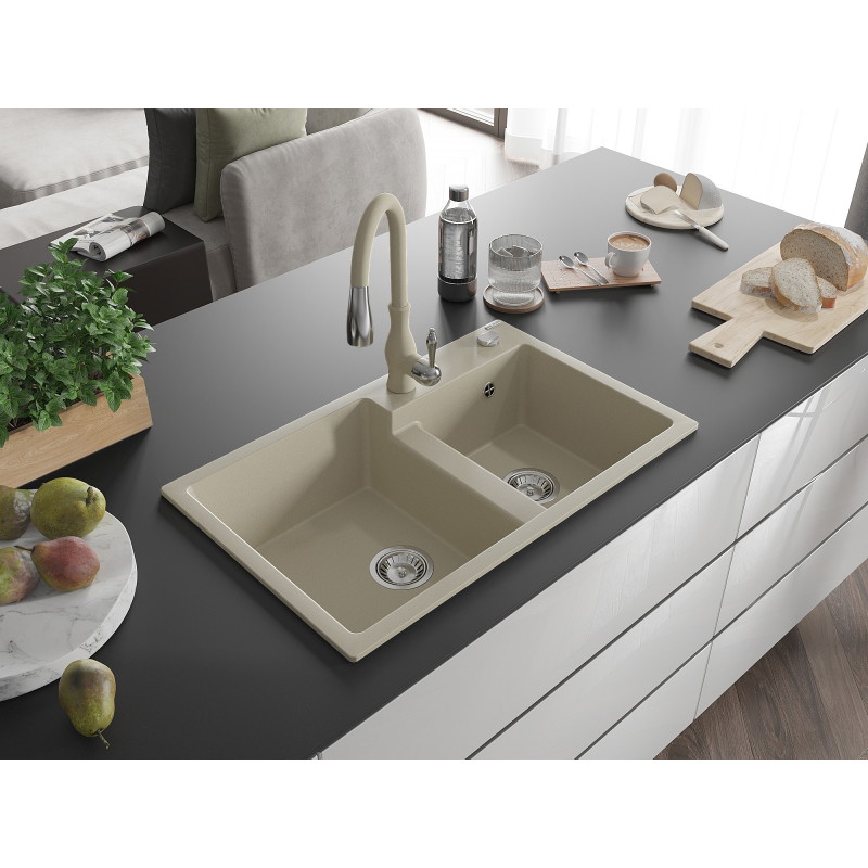 Mexen Tomas évier granit 2 bacs avec robinet de cuisine Savita, beige - 6516-69-672601-69