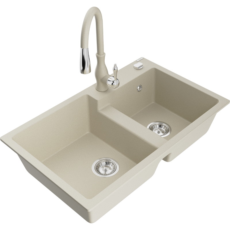 Mexen Tomas évier granit 2 bacs avec robinet de cuisine Savita, beige - 6516-69-672601-69