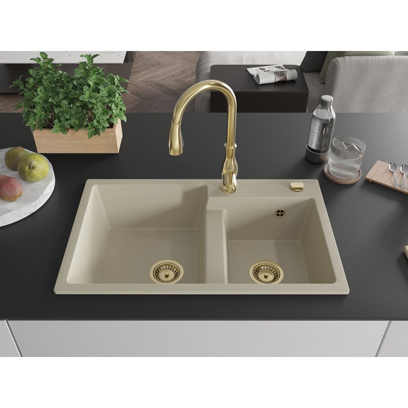 Mexen Tomas évier en granit 2 bacs avec robinet de cuisine Savita, beige - 6516-69-672601-50