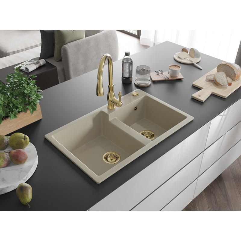 Mexen Tomas évier en granit 2 bacs avec robinet de cuisine Savita, beige - 6516-69-672601-50