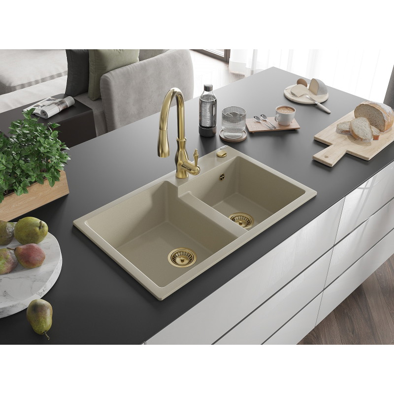 Mexen Tomas évier en granit deux cuves avec robinet de cuisine Savita, beige - 6516-69-672601-50