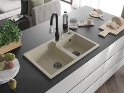 Mexen Tomas évier en granit à 2 bacs avec robinet de cuisine Savita, beige - 6516-69-672601-70