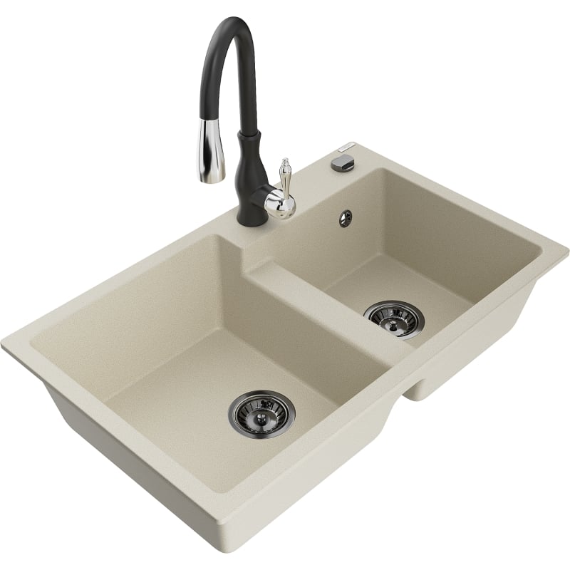 Mexen Tomas évier en granit à 2 cuves avec robinet de cuisine Savita, beige - 6516-69-672601-70
