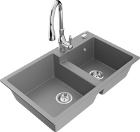 Mexen Tomas évier en granit 2 bacs avec robinet de cuisine Savita, gris - 6516-71-672601-00