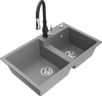 Mexen Tomas évier en granit à 2 bacs avec robinet de cuisine Savita, gris - 6516-71-672601-70