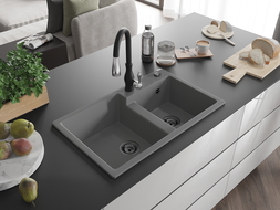 Mexen Tomas évier en granit 2 bacs avec robinet de cuisine Savita, gris - 6516-71-672601-70-B