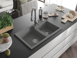 Mexen Tomas évier en granit à 2 bacs avec robinet de cuisine Savita, gris - 6516-71-672601-71