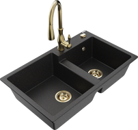 Mexen Tomas évier en granit à 2 bacs avec mitigeur de cuisine Savita, noir/métallisé argenté - 6516-73-672601-50