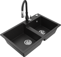 Mexen Tomas évier en granit à 2 bacs avec robinet de cuisine Savita, noir/argent métallisé - 6516-73-672601-70