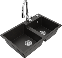 Mexen Tomas évier en granit 2 bacs avec robinet de cuisine Savita, noir/or métallisé - 6516-75-672601-00