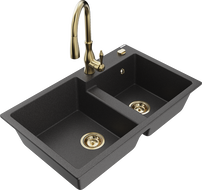Mexen Tomas évier en granit à 2 bacs avec mitigeur de cuisine Savita, noir tacheté - 6516-76-672601-50