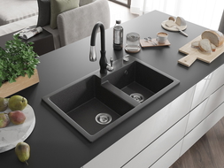 Mexen Tomas évier en granit 2 bacs avec robinet de cuisine Savita, noir moucheté - 6516-76-672601-70