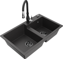 Mexen Tomas évier en granit à 2 bacs avec robinet de cuisine Savita, noir tacheté - 6516-76-672601-70-B