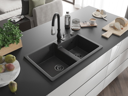 Mexen Tomas évier en granit à 2 bacs avec robinet de cuisine Savita, noir tacheté - 6516-76-672601-70-B