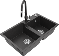 Mexen Tomas évier en granit à double bac avec robinet de cuisine Savita, noir moucheté - 6516-76-672601-76