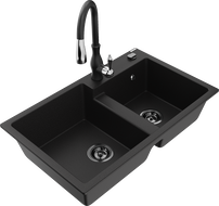 Mexen Tomas évier en granit 2 bacs avec robinet de cuisine Savita, noir - 6516-77-672601-70-B