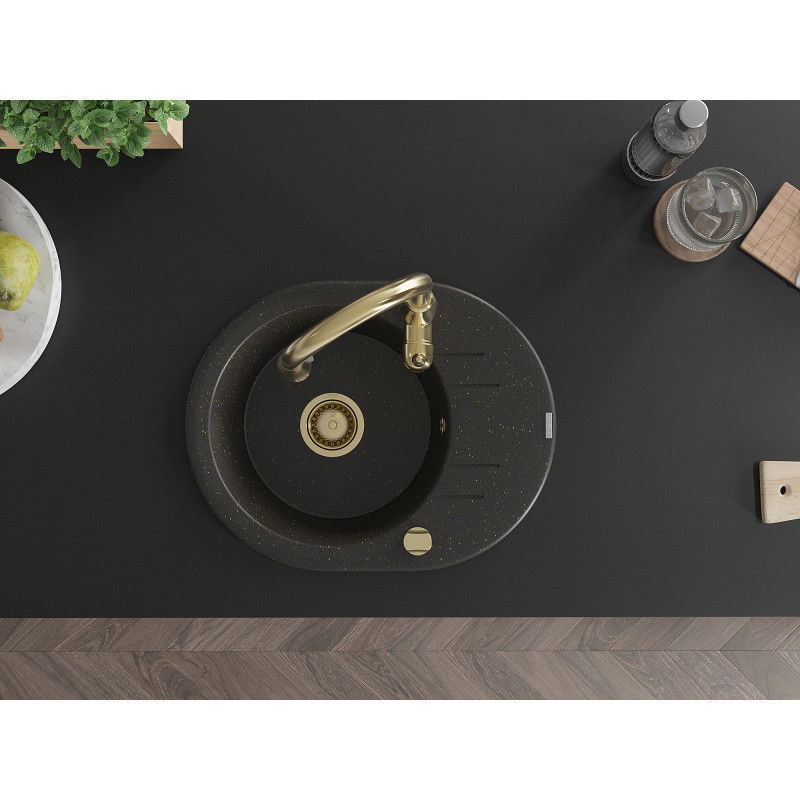 Mexen Kevin évier en granit à 1 bac avec égouttoir et robinet de cuisine Savita, noir/métallisé doré - 6517-75-672601-50