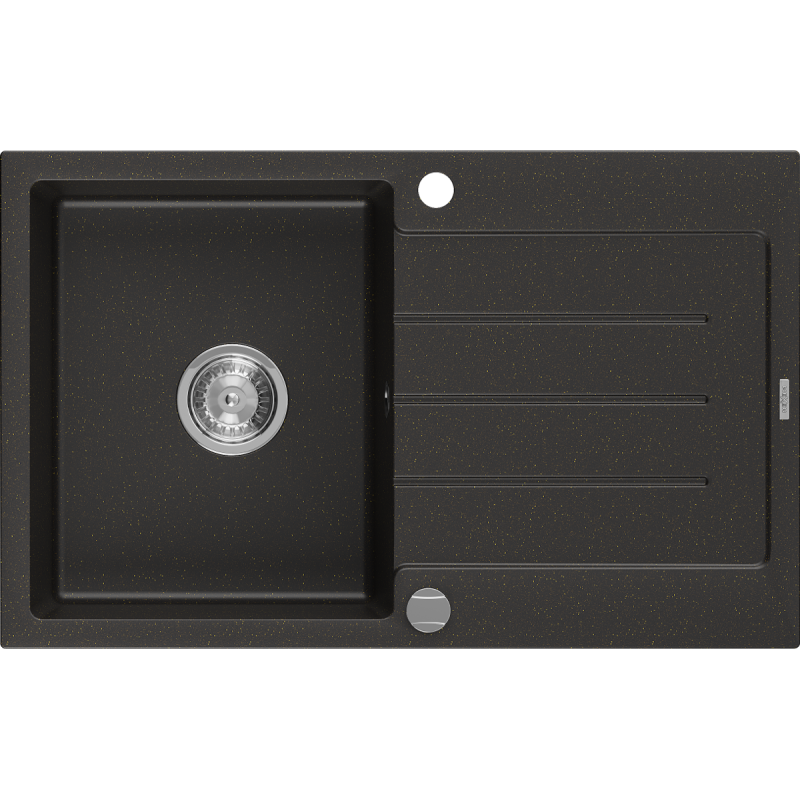 Mexen Bruno évier en granit 1 bac avec égouttoir 795 x 495 mm, noir/doré métallisé, siphon chromé- 6513791010-75