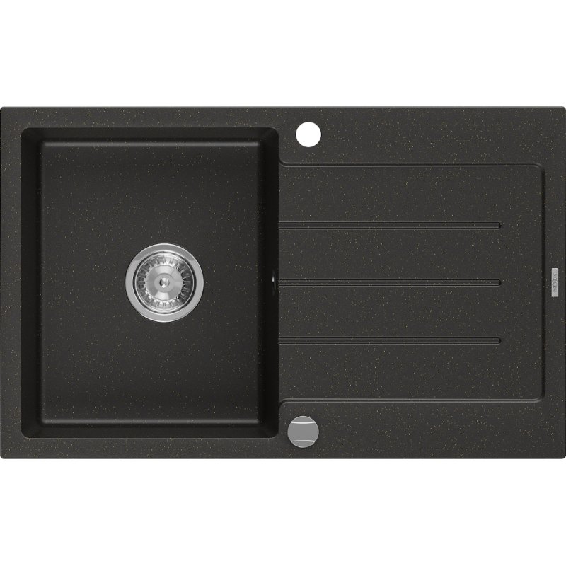 Mexen Bruno évier en granit à 1 bac avec égouttoir 795 x 495 mm, noir/doré métallisé, siphon chrome - 6513791010-75