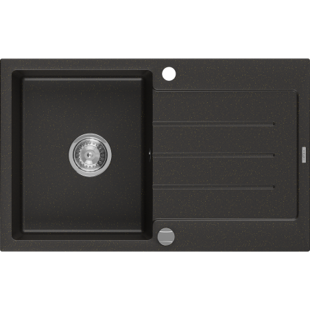 Mexen Bruno évier en granit à 1 bac avec égouttoir 795 x 495 mm, noir/doré métallisé, siphon chrome - 6513791010-75