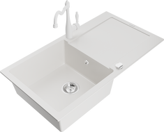 Mexen Leo évier en granit à 1 bac avec égouttoir et robinet de cuisine Carla, blanc - 6501-20-670700-20