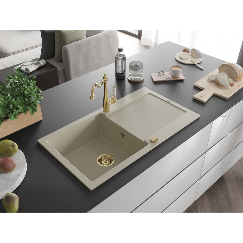 Mexen Leo évier en granit 1 bac avec égouttoir et robinet de cuisine Carla, beige - 6501-69-670700-50