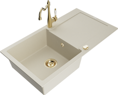 Mexen Leo évier en granit 1 bassin avec égouttoir et robinet de cuisine Carla, beige - 6501-69-670700-50