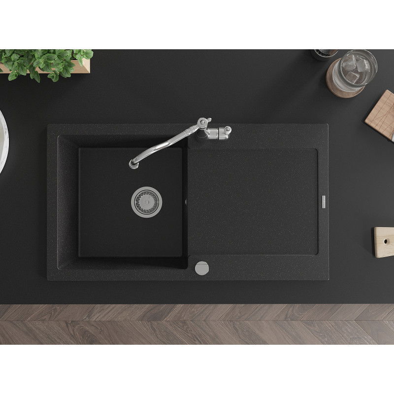 Mexen Leo évier en granit à 1 bac avec égouttoir et robinet de cuisine Carla, noir/métallique argenté - 6501-73-670700-00