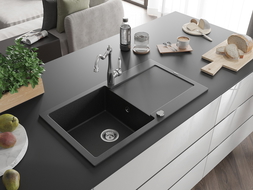 Mexen Leo évier en granit à 1 bac avec égouttoir et robinet de cuisine Carla, noir/métallique argenté - 6501-73-670700-00