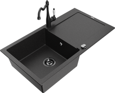Mexen Leo évier en granit 1 bassin avec égouttoir et robinet de cuisine Carla, noir/métallique argenté - 6501-73-670700-70-B