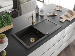 Mexen Leo évier en granit à 1 bac avec égouttoir et robinet de cuisine Carla, noir/doré métal - 6501-75-670700-50