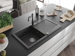 Mexen Leo évier en granit 1-bac avec égouttoir et robinet de cuisine Carla, noir moucheté - 6501-76-670700-76