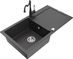 Mexen Leo évier en granit 1-bac avec égouttoir et robinet de cuisine Carla, noir moucheté - 6501-76-670700-76