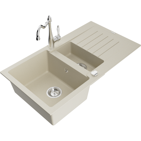 Mexen Matias évier en granit 1,5-cuves avec égouttoir et robinet de cuisine Carla, beige - 6502-69-670700-00