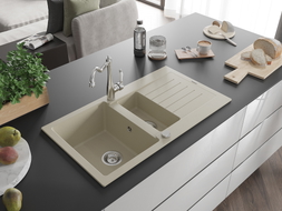 Mexen Matias évier en granit 1,5-cuves avec égouttoir et robinet de cuisine Carla, beige - 6502-69-670700-00