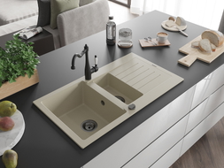 Mexen Matias évier en granit 1,5 cuve avec égouttoir et robinet de cuisine Carla, beige - 6502-69-670700-70