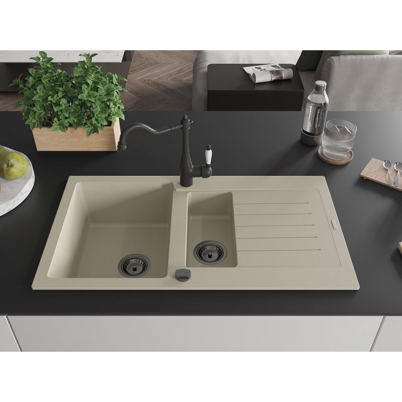 Mexen Matias évier en granit 1,5 cuve avec égouttoir et robinet de cuisine Carla, beige - 6502-69-670700-70