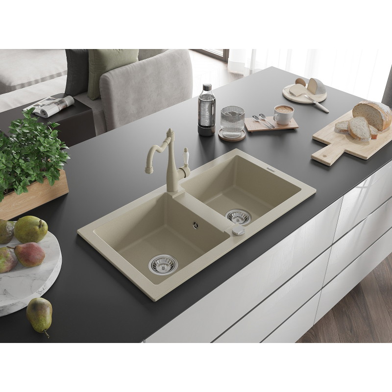 Mexen Mario évier en granit 2 bacs avec robinet de cuisine Carla, beige - 6504-69-670700-69