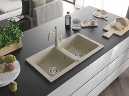 Mexen Mario évier en granit 2 bacs avec robinet de cuisine Carla, beige - 6504-69-670700-69