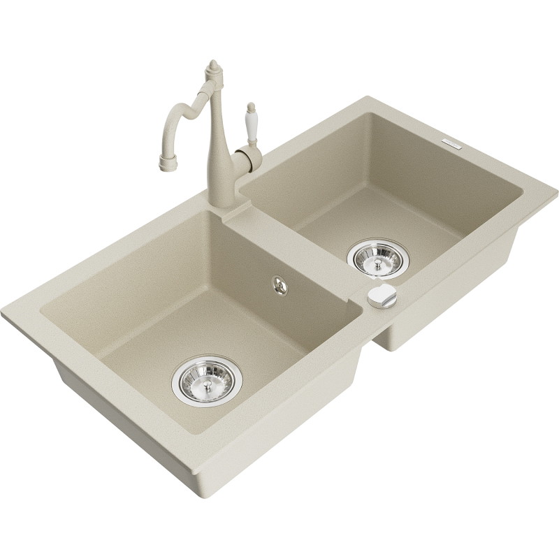 Mexen Mario évier en granit 2 bacs avec robinet de cuisine Carla, beige - 6504-69-670700-69