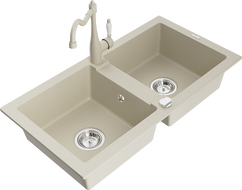 Mexen Mario évier en granit 2 bacs avec robinet de cuisine Carla, beige - 6504-69-670700-69