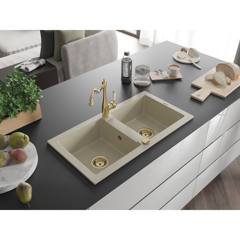 Mexen Mario évier en granit 2 bacs avec robinet de cuisine Carla, beige - 6504-69-670700-50